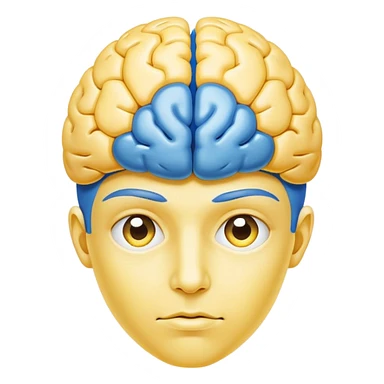 A real person face emoji, skin is emoji yellow, and hair is replaced by a blue brain sticker