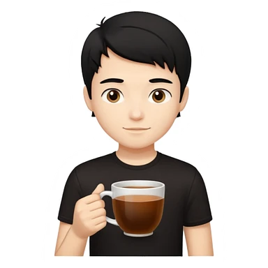 The boy teen have a black hair, and black T-shirt with a cup of tea sticker