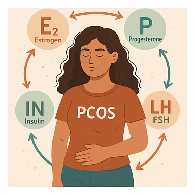 modern illustration of a woman with PCOS surrounded by hormone symbols (estrogen, progesterone, insulin, LH, FSH), arrows showing balance and interaction among them, harmonious colors, light background sticker