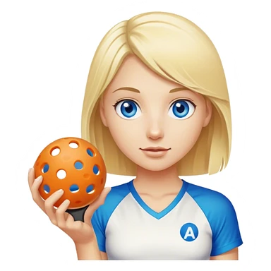 Blond girl with blue eyes holding a pickleball sticker