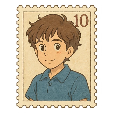 boy with slightly wavy hair designed as a letter stamp sticker