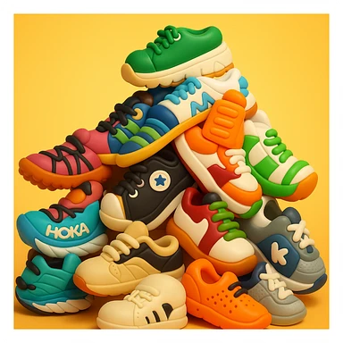 Transform this pile of mixed sneakers into a playful and vibrant 3D emoji style illustration, capturing the fun and lively essence of the original photo. sticker