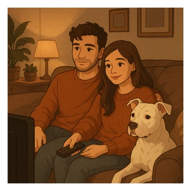 boyfriend and girlfriend sitting together watching TV with their white pitbull, cozy living room scene, warm and inviting atmosphere sticker
