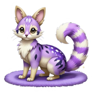 Hyper realistic  midnight-violet velvet fur soaked in starlight glitter and shadow gradients beautiful elegant pretty precious cute  Fakémon-Pokémon-opossum-feline-serval-caracal-chinchilla-Furret-Minccino-hybrid-creature with a big fluffy bushy tail (full body) sticker