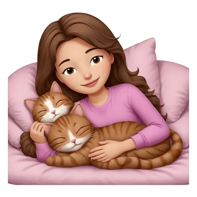 girl with wavy long brown hair, brown eyes, light to medium complexion, long lashes, light pink lipstick, smiling, wearing light pink shirt, sleeping on a cozy pillow, cuddling a brown tabby cat  sticker