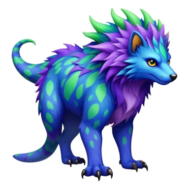 a colorful edgy vernid-fionbri-creature with splash patterns full body.  sticker