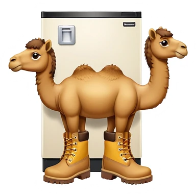 A camel face with long eyelashes on top of a boxy white refrigerator body, with four yellow-brown Timberland boots at the bottom sticker