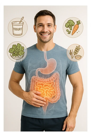 a fit, smiling man stands confidently with one hand on his abdomen. A transparent overlay reveals a healthy, detailed digestive tract with a glowing, vibrant intestine. Around him, icons of healthy foods like yogurt, vegetables, and whole grains float, symbolizing good gut health. The background is clean and bright, with an educational mood. sticker