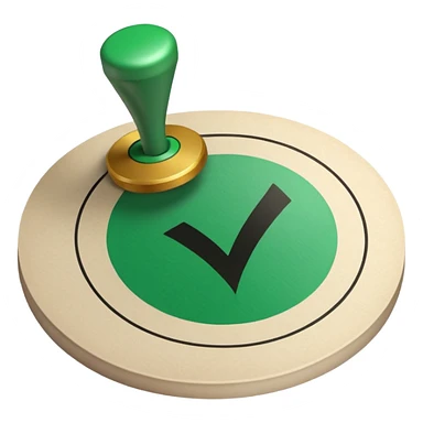 A stamp pressing down on a paper sheet, leaving a green circular mark with a check symbol inside, representing approval or verification. sticker