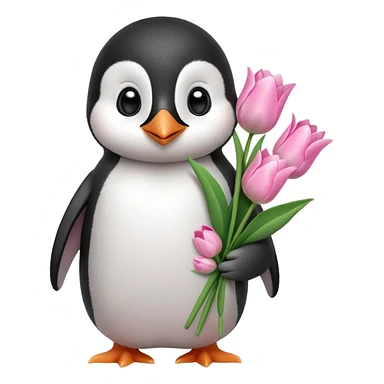 Cute baby penguin holding flower bouquet wraped in white paper and all flowers tulips in pink colour sticker