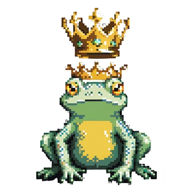 frog wearing a golden crown, sitting, pixel art style sticker