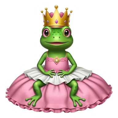 Brown bed with white sheets and a pink comforter.  In the bed sits a frog in a frilly little pink dress, wearing a crown and sitting like a frog would normally sit. sticker