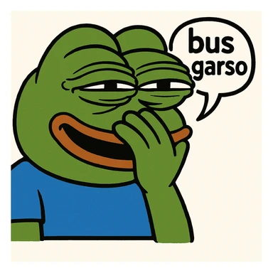 Edit the classic Pepe the Frog in 3D emoji style with hand over mouth, eyes squinting, about to burst out laughing, with a speech bubble 'bus garso'. Classic Pepe look, no drink, focus on face and expression. Variant 4. sticker