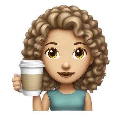 A white girl with darkblonde curly hair holding a cup of coffee sticker