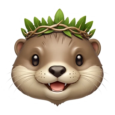 really cute smiling joyful otter face in three-quarter profile view with simple thorny stem wrapped horizontally around its forehead like Jesus Christ's Crown of thorns, Apple emoji style, glossy finish, polished look sticker