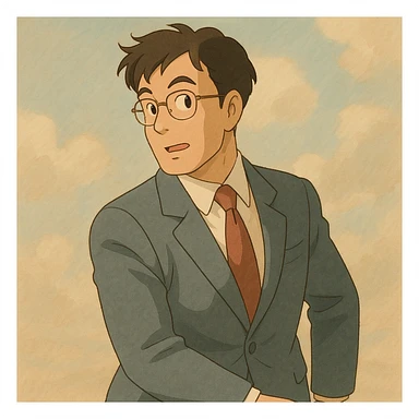 a business man turning his body, ghibli style, suit and tie, soft colors sticker