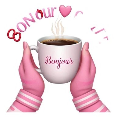 A cozy scene featuring a cup of coffee with the word “Bonjour” written on it, adorned with pink tulips, and held by hands wearing pink sleeves. The scene is decorated with pink hearts and candy canes. sticker