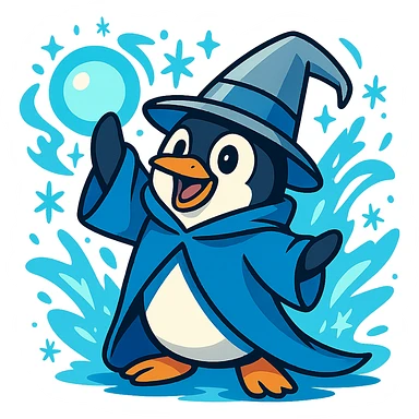 a playful penguin wizard with a blue cloak, silver hat, and glowing orb, surrounded by frosty magic effects sticker