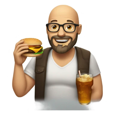 Happy bald man with beard and glasses eating a burger and drinking bourbon  sticker