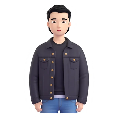 3D emoji Microsoft style, young man with black hair, wearing black t-shirt and black denim jacket, based on photo reference, neutral facial expression sticker
