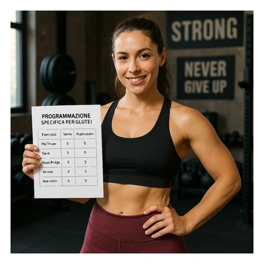 Create a realistic image of a woman in sportswear holding a gym workout sheet clearly labeled 'Programmazione specifica per Glutei'. The setting is a gym environment with a motivational atmosphere and realistic details. sticker