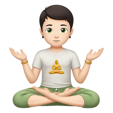 Menino branco de cabelo escuro, camiseta e bermuda verde claro sentado em pose de Buda com as mãos em forma de Mudra sticker