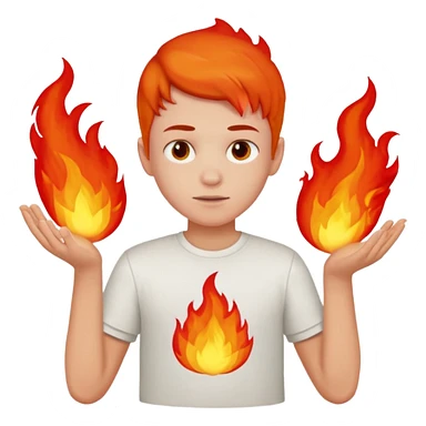 A boy with no hands fire instead made out of red fire and the boy is wearing a shirt that says FIRE C sticker