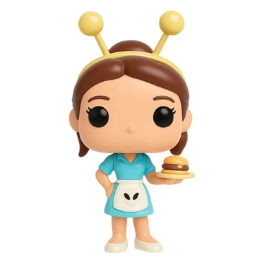 Create a Funko Pop style vinyl figure of Liz Parker from the Roswell series. She is wearing a light blue Crashdown Café waitress outfit with a white apron featuring an alien logo. She has a golden antenna headband, brown tied-up hair, and a friendly expression. She is holding a tray with a hamburger. The background should be transparent. sticker