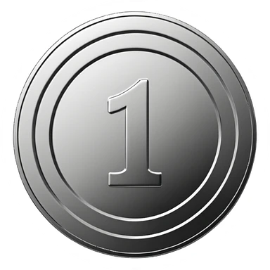 Emoji icon of a metal coin with engraved number 1, minimalist style, isolated, only metal color sticker