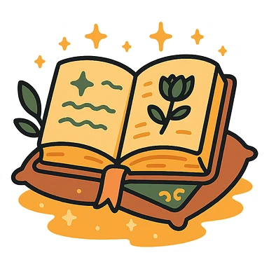  cute open book lying on a cozy surface, designed in a soft and magical color palette: golden orange (FA9B41), deep forest green (4A7C5C), warm taupe brown (96775A), and pastel peach (FFCC9A). The pages are slightly aged with gentle curves, featuring whimsical illustrations, tiny stars, and elegant handwritten text. The book cover, visible beneath the open pages, has decorative patterns and a ribbon bookmark in peach and green tones. Around the book, add soft light, a few leaves, or glowing sparkles, creating a dreamy, enchanted, storybook-like atmosphere. The overall mood is warm, magical, and gentle sticker