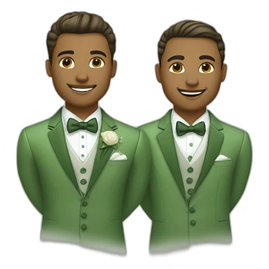 set of grooms in green suits light olive skinned latio the other white sticker