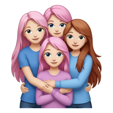 four white girlfriends hugging and smiling    2 girls with brown eyes and long dark brown hair. One with long light pink hair and blue eyes, one girl with blue eyes and light blonde hair sticker