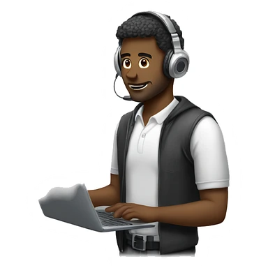 man in headphones talking hold laptop and phone only upper part of body  sticker