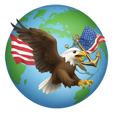 Eagle over the globe holding a flag with an anchor behind the world  sticker