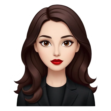 Professional actress with radiant fair skin, elongated face, large dark almond eyes with elegant makeup, defined eyebrows, full red lips, long dark straight hair with soft waves, wearing sophisticated black outfit, confident but approachable expression sticker