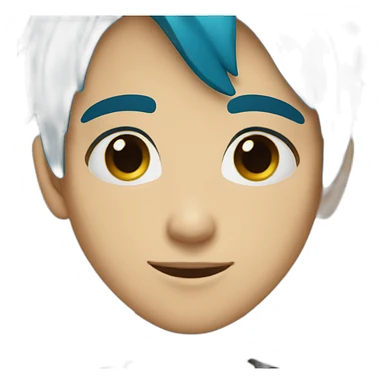 a boy with blue hair green eyes small nose and a black  shirt sticker