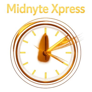 Add a sense of motion to the clock hands with motion blur or dynamic lines, while keeping the glowing effect and realistic style. The text 'Midnyte Xpress' should remain above. Maintain a transparent background. sticker