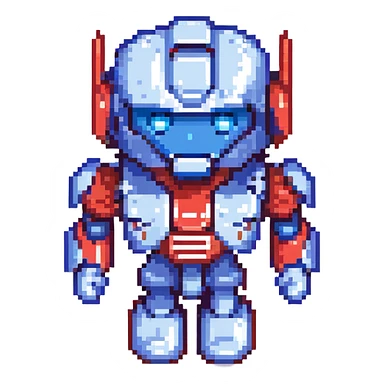 Optimus Prime as a robot emoji, blue and red color scheme, metallic details, heroic expression sticker