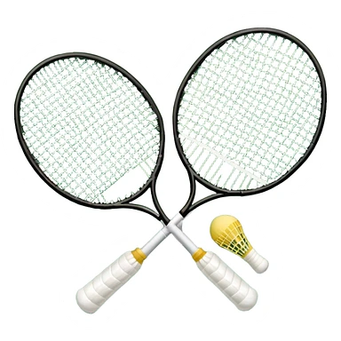 Two crossed badminton rackets with a shuttlecock resting in between, set against the faint outline of a badminton court. The image highlights the tools of the sport, with a subtle emphasis on the court's net and boundaries, symbolizing competition and skill. sticker