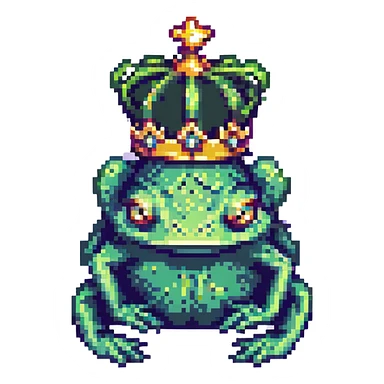 a sad frog in pixel art style, surreal features, three eyes, floating crown sticker