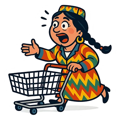 cartoonish Uzbek woman with a shopping cart, exaggerated emotions sticker