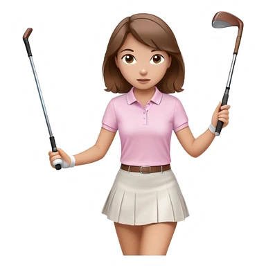 A brown haired girl with a light pink polo and a white skirt swinging a golf club sticker