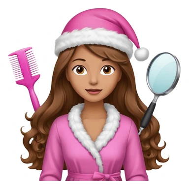 mujer peinandose en la peluqueria y con un gorro de navidad rosado, cabello largo café y ondulado sticker