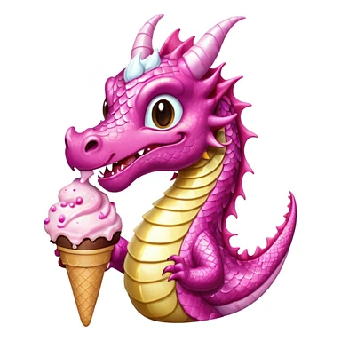 A shiny, glittery dragon in pink tones eats vanilla and chocolate ice cream sticker