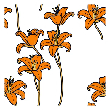 Artistic Japanese tiger lily (oniyuri) flower with stylized composition reminiscent of kimono patterns, orange recurved petals with black spots, gold accents, on indigo background sticker