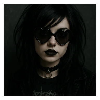 emo girl with heart-shaped sunglasses, dark hair, mysterious vibe sticker