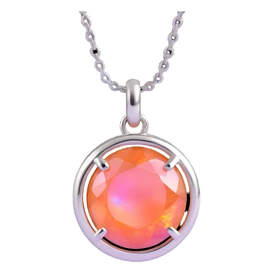 close-up round cut pink fire opal charm with intense iridescent pink and orange colors, silver setting, silver jump ring sticker