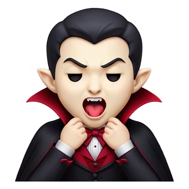 Cinematic Cute Yawning Vampire Portrait Emoji, with a small, rounded, charming pale face accented with tiny playful fangs and droopy, half-closed eyes, head tilted in an adorable wide yawn, dressed in miniature elegant dark attire with a hint of crimson, simplified yet irresistibly endearing, highly detailed with a soft, mysterious glow and gentle outline that captures the cute, drowsy side of an immortal! sticker