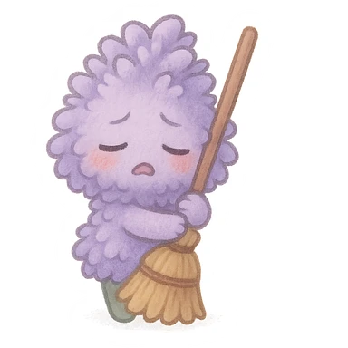 chibi fluffy style soft lavender flower, hugging a broom, exhausted expression, gentle purple, full-body sticker