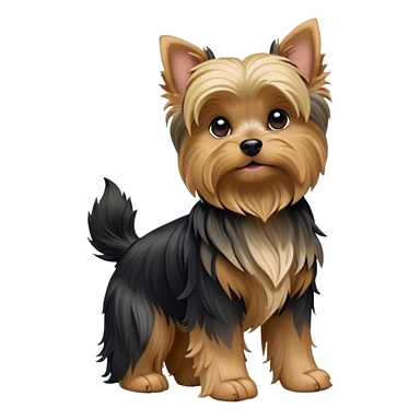 cinematic-[yorkshire terrier]-realistic-full-body-sitting-emoji,-tail-resting-loosely-beside-its-paws,-head-tilted-dramatically,-wavy-[black and tan-fur,-simplified-yet-realistic-focused-features,-highly-detailed,-glowing-with-an-almost-sarcastic-glow sticker